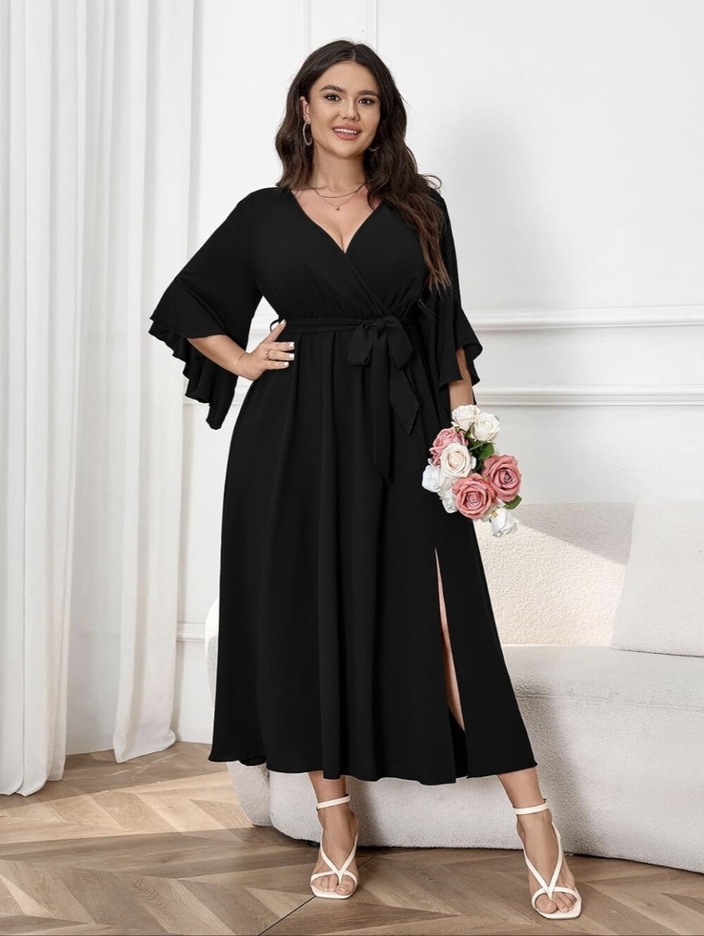 NEW CICIDUDU Dress Ruffle Half Sleeve, Faux Wrap, V Neck 2XL Black